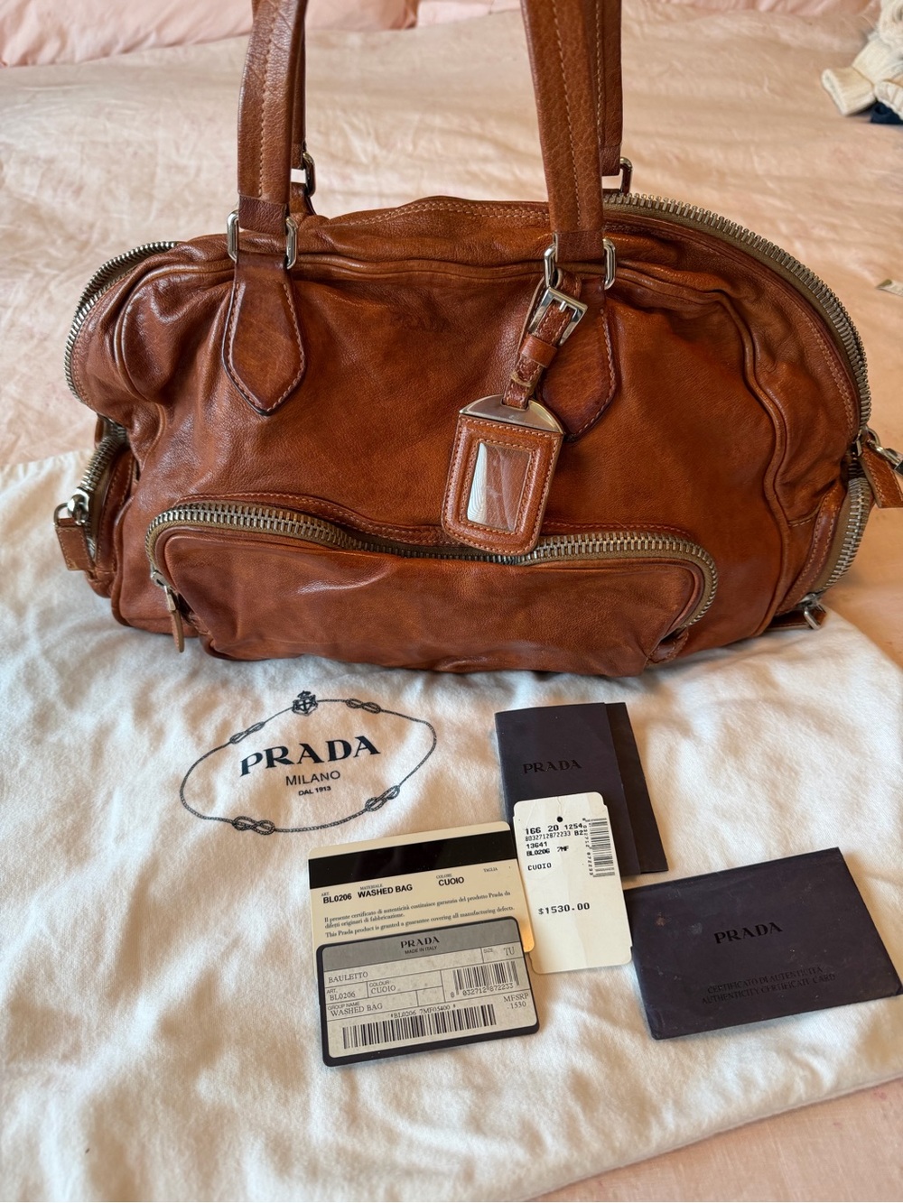 Prada Tan/Brown washed Leather bowler Duffel Bag